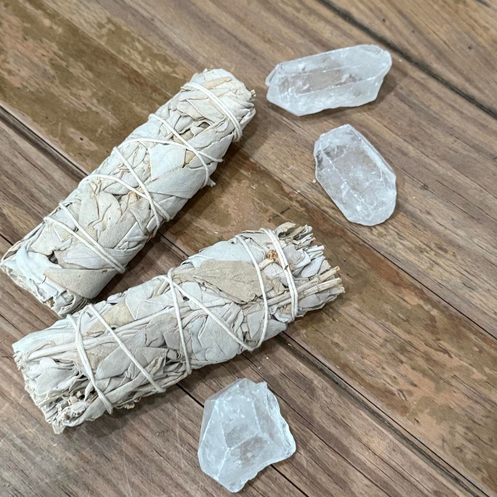 White Sage Smudge Sticks and Clear Quartz Crystals Spiritual Cleansing Set